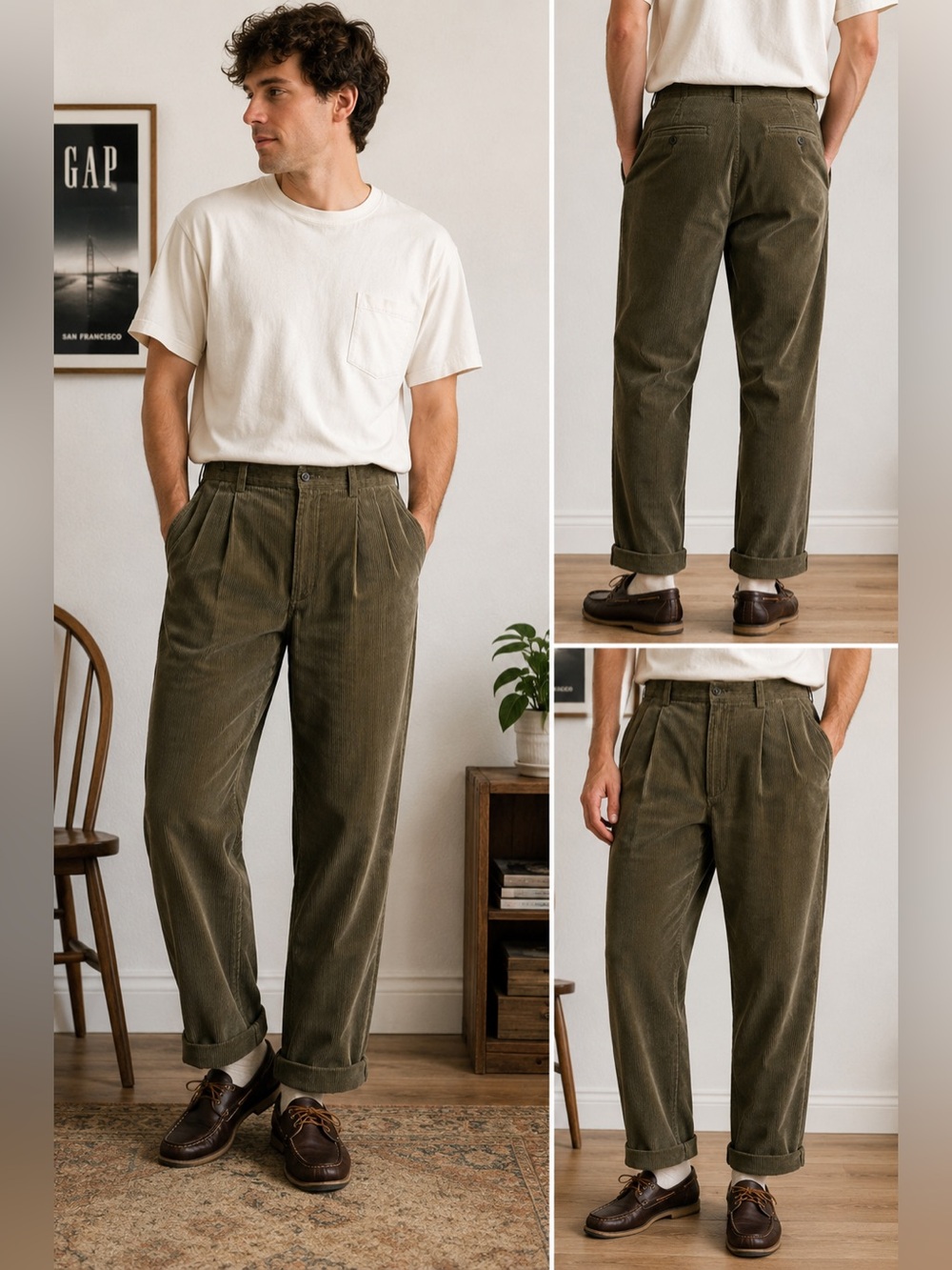 Vintage GAP Relaxed Fit Pleated Front Corduroy Pants Olive Green Men’s 34x34